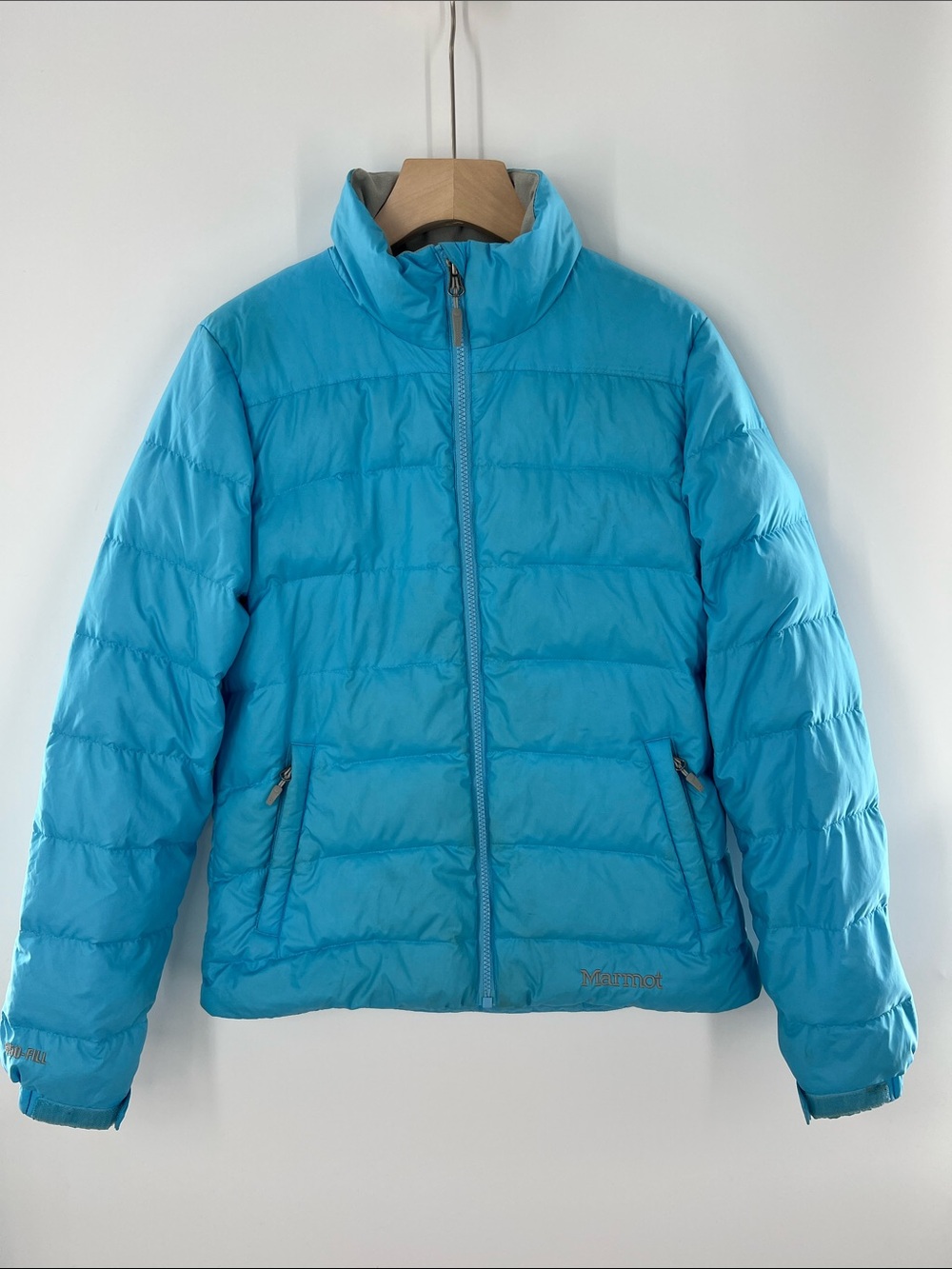 Marmot Women’s Arctic Blue Puffer Jacket Zip Up Goose Down 650 Fill Warm Layer S